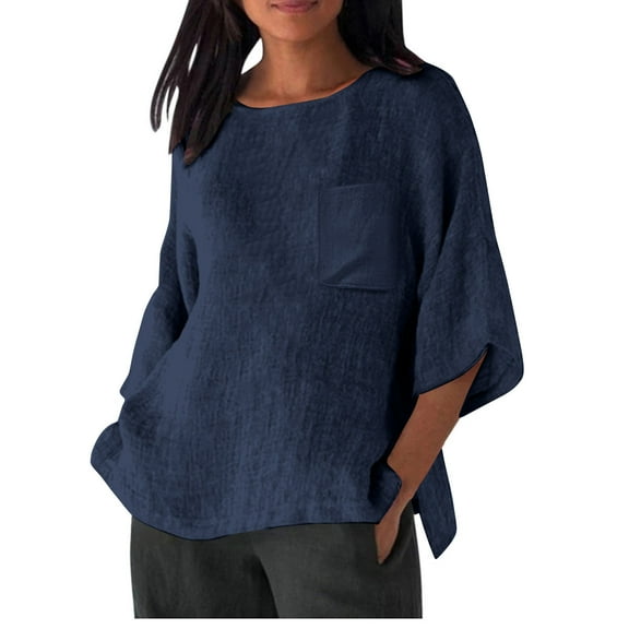 POTETI Shirts for Women Button up Winter Casual Linen Shirt 3/4 Sleeve Round Neck Oversized Pocket T-shirt Loose Casual Shirt Lightweight Blue Blouse and Tops for Women