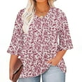 thumbnail image 1 of POTETI Shirts for Women Crop Tops Winter Casual Plus Size 3/4 Ruffled Sleeve Shirt Casual V-neck Pleated T-shirt Loose Fitting Shirt Pink Blouse and Tops for Women, 1 of 6