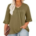 thumbnail image 1 of POTETI Shirts for Women Date Night Winter Casual Plus Size 3/4 Ruffled Sleeve Shirt Casual V-neck Pleated T-shirt Loose Fitting Cotton Shirt Green Blouse for Women Plus Size, 1 of 9