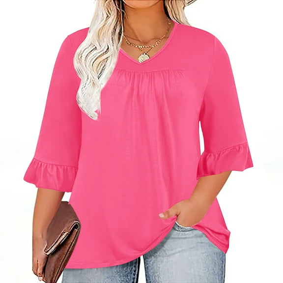 POTETI Shirts for Women Fall Winter Casual Plus Size 3/4 Ruffled Sleeve Shirt Casual V-neck Pleated T-shirt Loose Fitting Cotton Shirt Hot Pink Blouse for Girls