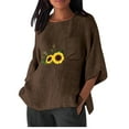 thumbnail image 1 of POTETI Shirts for Women Plu Size Winter Casual Cotton And Linen Printing Shirt 3/4 Sleeve Round Neck Oversized Pocket T-shirt Loose Casual Shirt Lightweight Brown Blouse for Juniors, 1 of 6