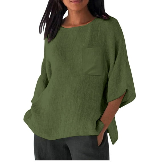 POTETI Shirts for Women Plu Size Winter Casual Linen Shirt 3/4 Sleeve Round Neck Oversized Pocket T-shirt Loose Casual Shirt Lightweight Green Womens Blouses