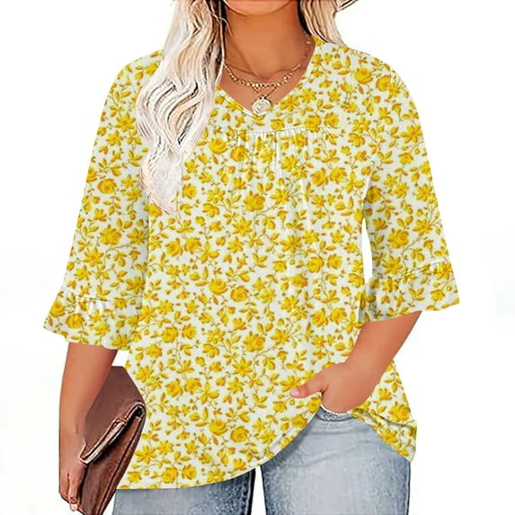 POTETI Shirts for Women Plu Size Winter Casual Plus Size 3/4 Ruffled Sleeve Shirt Casual V-neck Pleated T-shirt Loose Fitting Shirt Yellow Womens Blouses and Tops