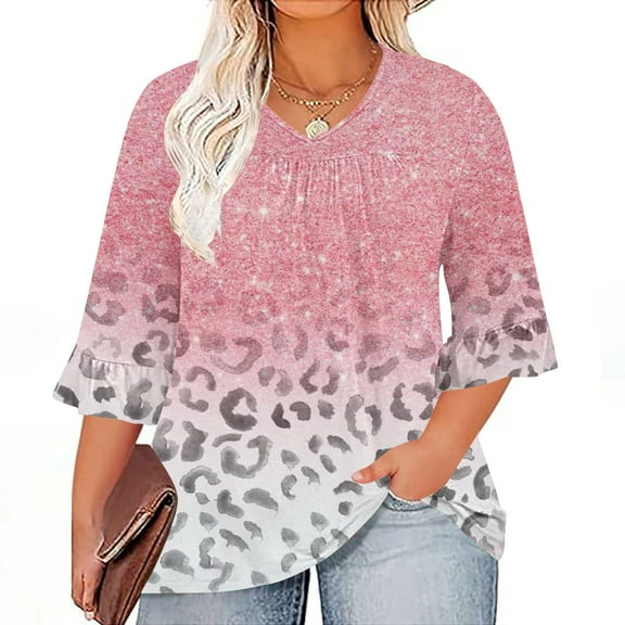 POTETI Shirts for Women for Plus Size Winter Casual Plus Size 3/4 Ruffled Sleeve Shirt Casual V-neck Pleated T-shirt Loose Fitting Shirt Pink Blouse for Juniors
