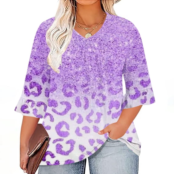 POTETI Shirts for Women Tight Winter Casual Plus Size 3/4 Ruffled Sleeve Shirt Casual V-neck Pleated T-shirt Loose Fitting Shirt Purple Womens Blouses and Tops