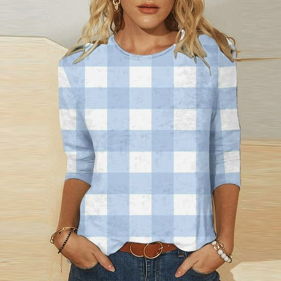 POTETI Shirts for Women Cotton Winter Casual Printed T-shirt 3/4 Sleeves Blouse Round Neck Casual Light Blue Blouse and Tops for Women