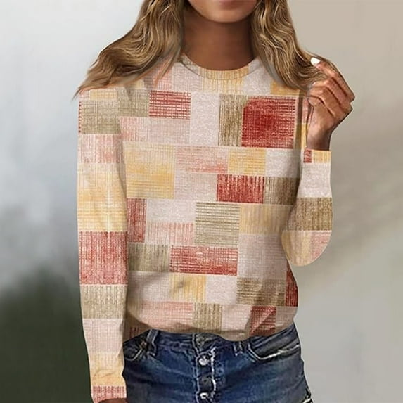 POTETI Shirts for Women Crop Tops Winter Casual Printed Long Sleeved Round Neck Loose T-shirt Long Sleeved Round Neck Orange Blouse for Girls