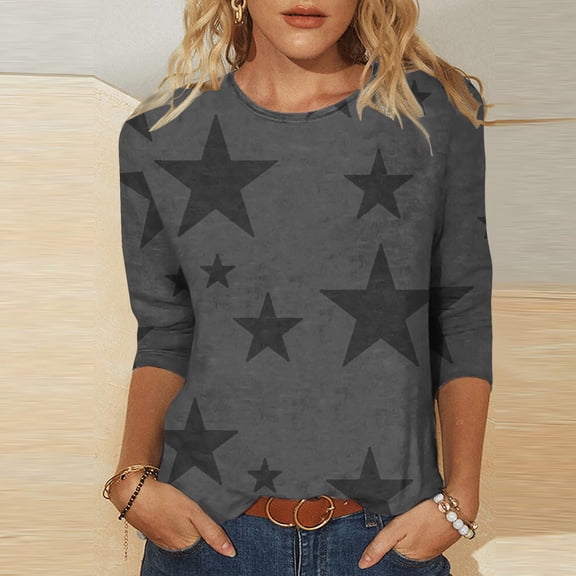 POTETI Shirts for Women Date Night Winter Casual Printed T-shirt 3/4 Sleeves Blouse Round Neck Casual Gray Blouse for Women Plus Size