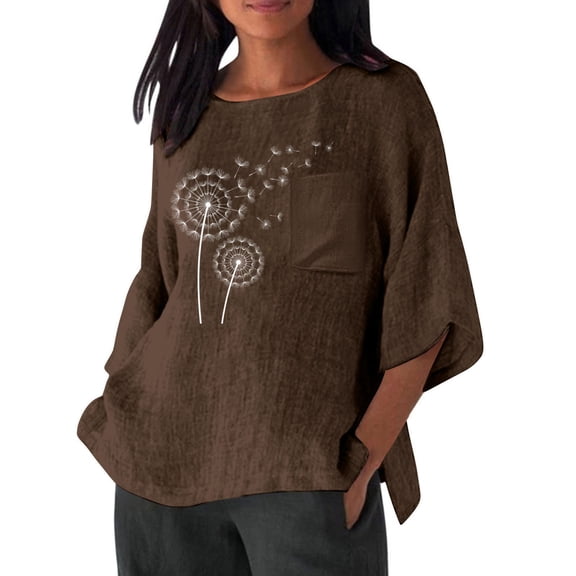 POTETI Shirts for Women Flowers Winter Casual Printed Shirt Pocket Round Neck Loose Shirt Brown Blouse for Women