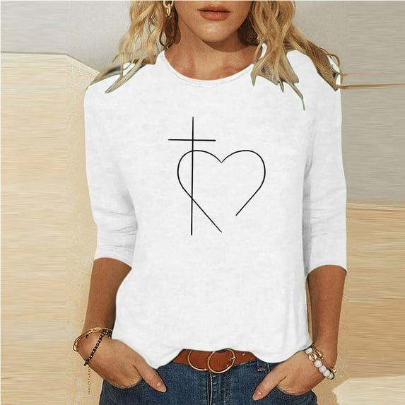 POTETI Shirts for Women Graphic Winter Casual Printed T-shirt Mid-length 3/4 Sleeves Blouse Round Neck Casual White Blouse for Juniors