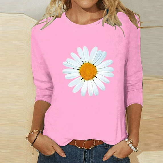 POTETI Shirts for Women Holiday Winter Casual Printed T-shirt 3/4 Sleeves Blouse Round Neck Casual Pink Blouse and Tops for Women