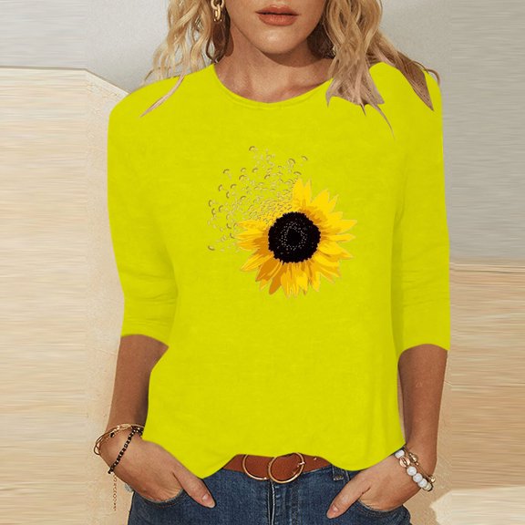 POTETI Shirts for Women Holiday Winter Casual Printed T-shirt Mid-length 3/4 Sleeves Blouse Round Neck Casual Yellow Blouse for Juniors