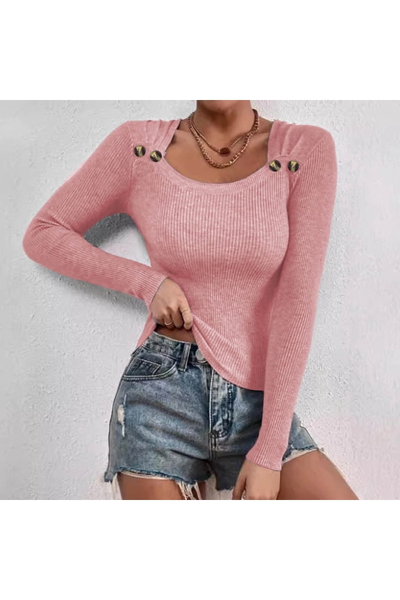 Shirts for Women Plain Winter Casual Collar Button Solid Color Base Knitted Sweater Pink Womens Blouses