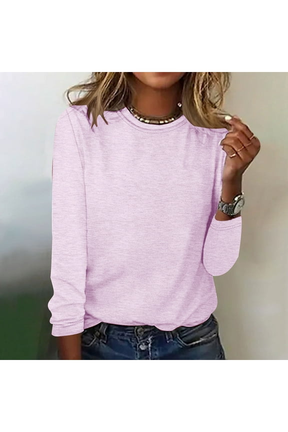 Shirts for Women Plain Winter Casual Long Sleeve Round Neck Loose T-Shirt Blouse Pink Blouse for Juniors