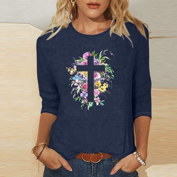 POTETI Shirts for Women Plus Size Winter Casual Printed T-shirt 3/4 Sleeves Blouse Round Neck Casual Navy Womens Blouses