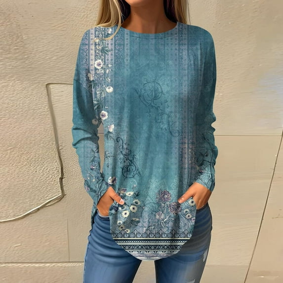 POTETI Shirts for Women Plus Size Winter Casual Round Neck Prinded Blouses Smocked Long Sleeve Shirts Green Blouse for Women