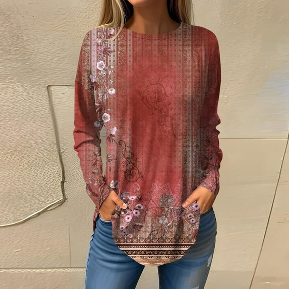 POTETI Shirts for Women Tight Winter Casual Round Neck Prinded Blouses Smocked Long Sleeve Shirts Red Blouse for Juniors