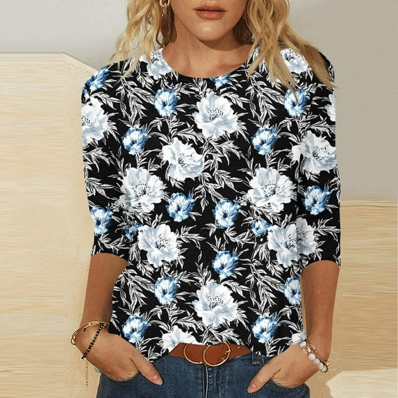 POTETI Shirts for Women Winter Winter Casual Print Round Neck 3/4 Sleeve T-shirt Blouse White Womens Blouses and Tops