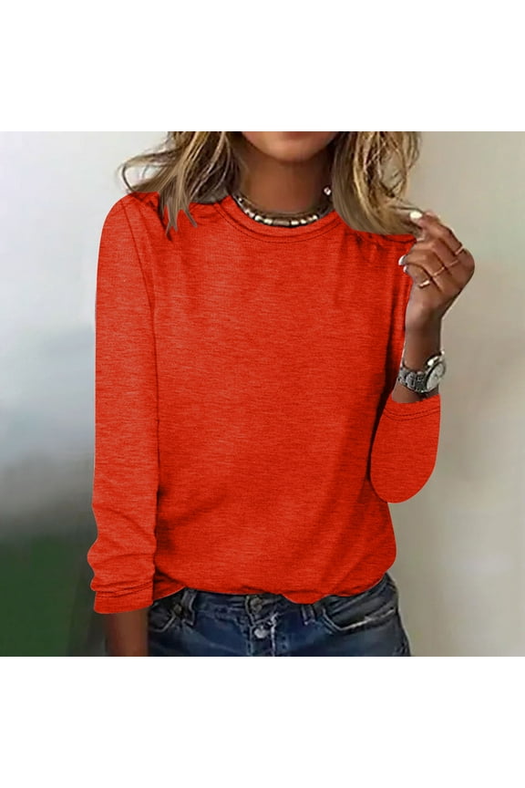 Shirts for Women Working Out Winter Casual Long Sleeve Round Neck Loose T-Shirt Blouse Red Blouse and Tops for Women