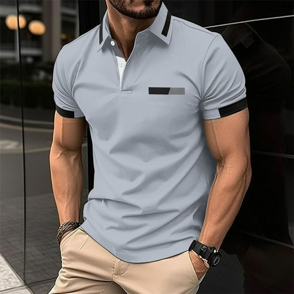 POTETI Short Sleeve Mens Polo Shirt Casual Collared Shirts Loose Solid Pocket Tops