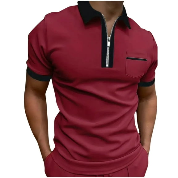 POTETI Short Sleeve Mens Polo Shirt Casual Collared Shirts Solid Patchwork Quarter Zip Pockets Tops