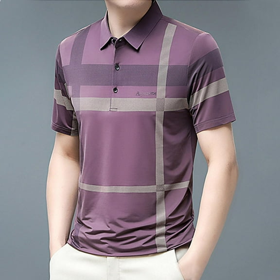 POTETI Short Sleeve Mens Polo Shirt Casual Collared Shirts Striped Work Loose Tops