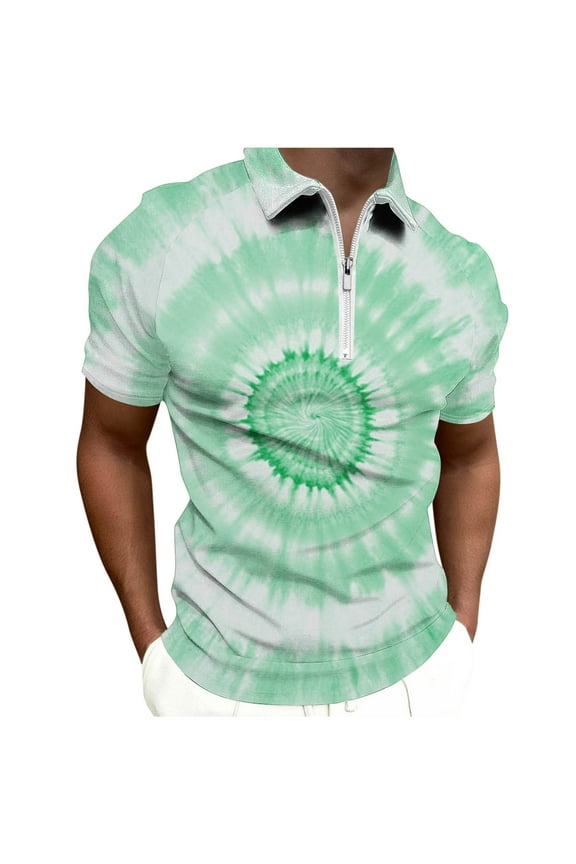 Short Sleeve Mens Polo Shirt Collared Casual Shirts Quarter Zip Loose Tie Dye Tops