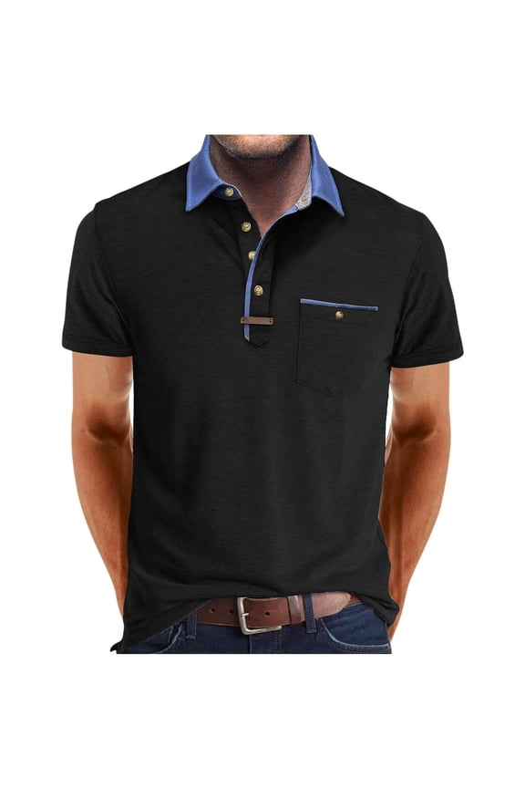 Short Sleeve Mens Polo Shirt Collared Casual Shirts Solid Loose Pockets Cotton Tops