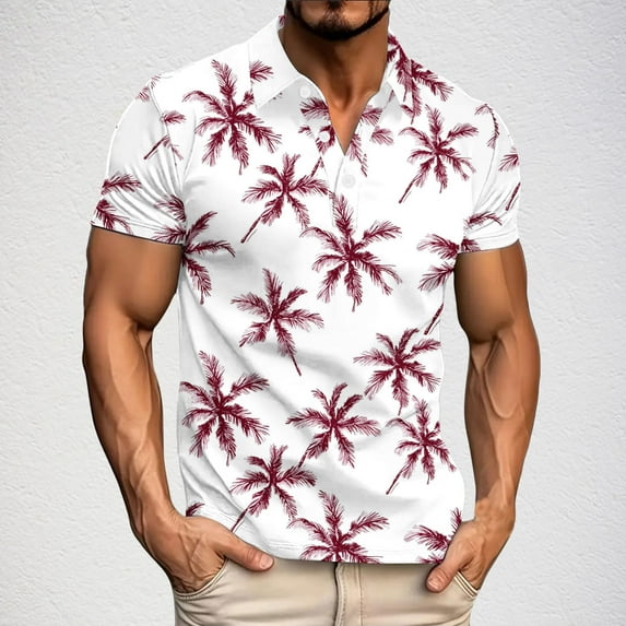 POTETI Short Sleeve Mens Polo Shirt Collared Casual Shirts Tropical Loose Hawaii Print Tops