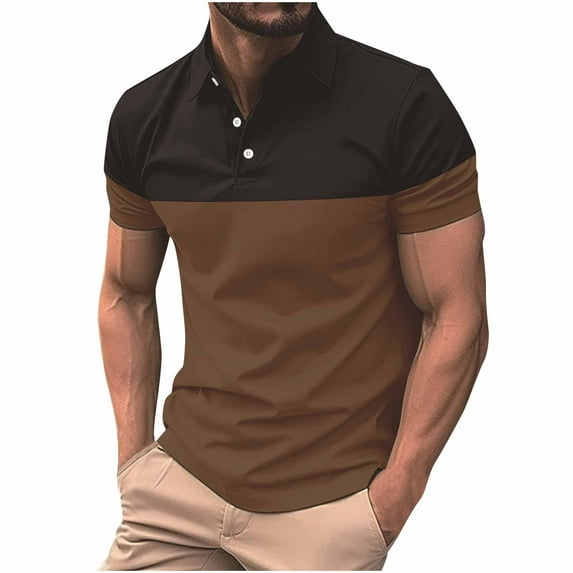POTETI Short Sleeve Mens Polo Shirts Collared Casual Shirts Color Block Patchwork Button Tops