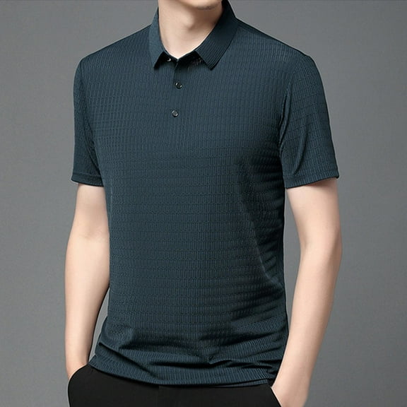 POTETI Short Sleeve Mens Polo Shirts Collared Casual Shirts Waffle Loose Striped Tops