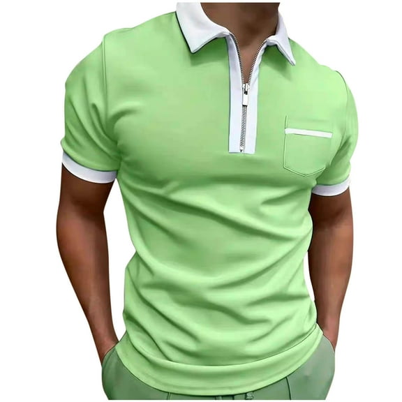 POTETI Short Sleeve Polo Shirts for Men Big And Tall Casual Collared Shirts Quarter Zip Pockets Tops