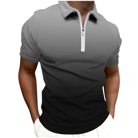 POTETI Short Sleeve Polo Shirts for Men Collared Casual Shirts Quarter Zip Gradient Color Loose Tops