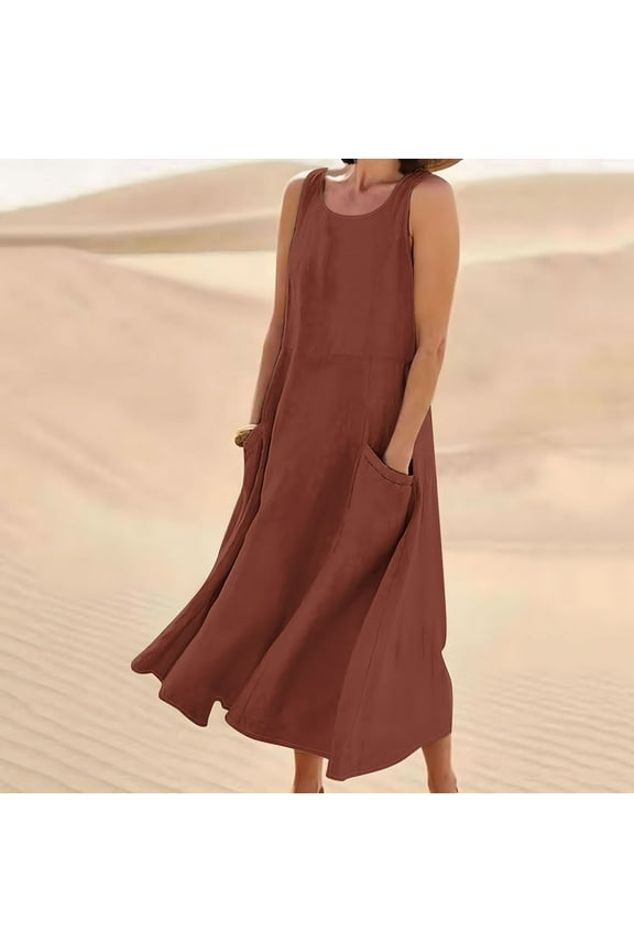 Sleeveless Plus Size Womens Dresses Midi Summer Sundresses Cotton Linen Tank Long Dresses