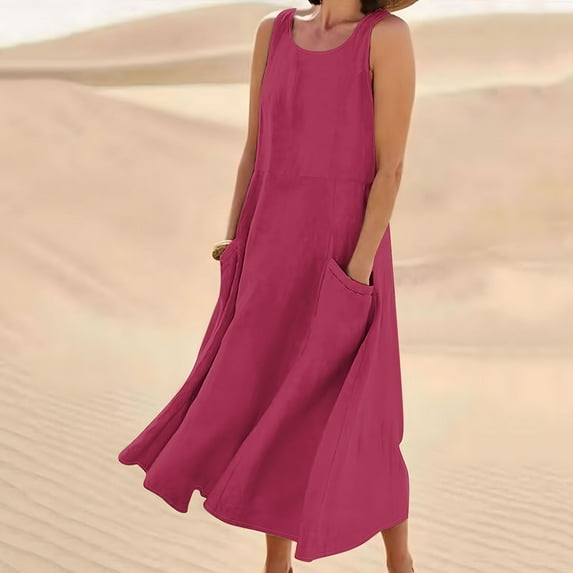 POTETI Sleeveless Plus Size Womens Dresses Summer Midi Sundresses Tank Cotton Linen Long Dresses