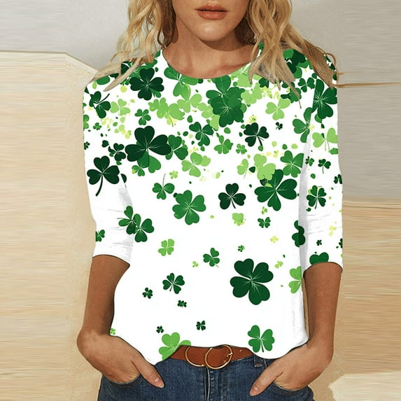 POTETI St Patrick Day Shirts for Women Shamrock 3/4 Sleeve Crew Neck Shirt Tops