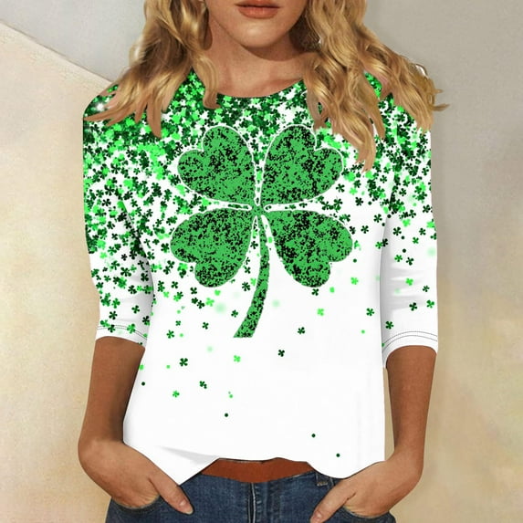 POTETI St. Patrick's Day Shirts for Plus Size Women Clover 3/4 Sleeve Crew Neck Shirt Tops