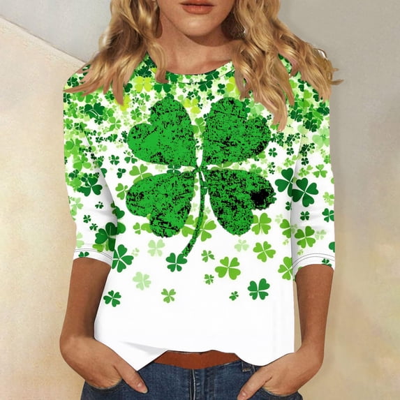 POTETI St Patrick's Day Women's Shirts Clover 3/4 Sleeve Crew Neck Shirt Tops