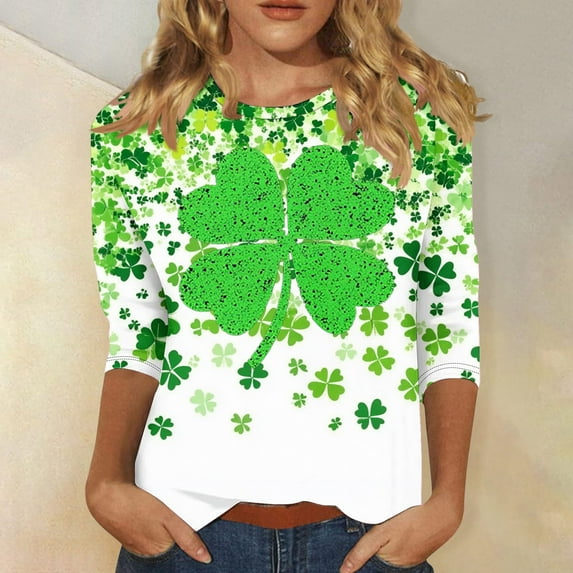 POTETI St Patrick's Day Women's Shirts Clover 3/4 Sleeve Crew Neck Shirt Tops