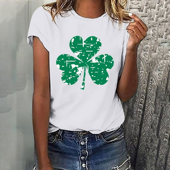 POTETI St Patrick's Day Women's Shirts Clover Short Sleeve Crew Neck Shirt Tops