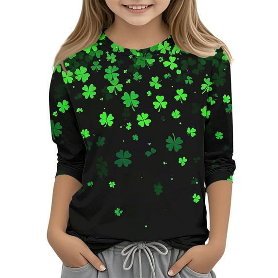 POTETI St Patricks Day Girls Clothes Clover 3/4 Sleeve Crew Neck Shirt Tops