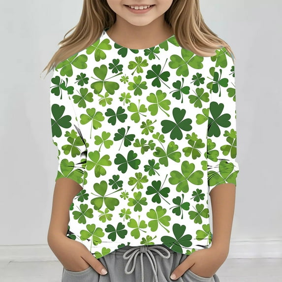 POTETI St Patricks Day Girls Shirt Lucky Clover 3/4 Sleeve Crew Neck Shirt Tops
