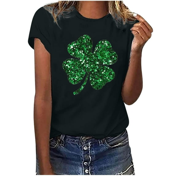 POTETI St Patricks Day Shirt Women,Ladies Short Sleeve Crew Neck Irish Shamrock Print T-shirt Tops