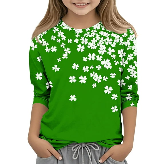 POTETI St Patricks Day Shirts Girls Clover 3/4 Sleeve Crew Neck Shirt Tops