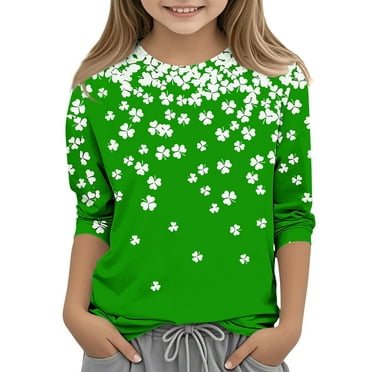 POTETI St.Patricks Day Shirts Girls Clover 3/4 Sleeve Crew Neck Shirt Tops
