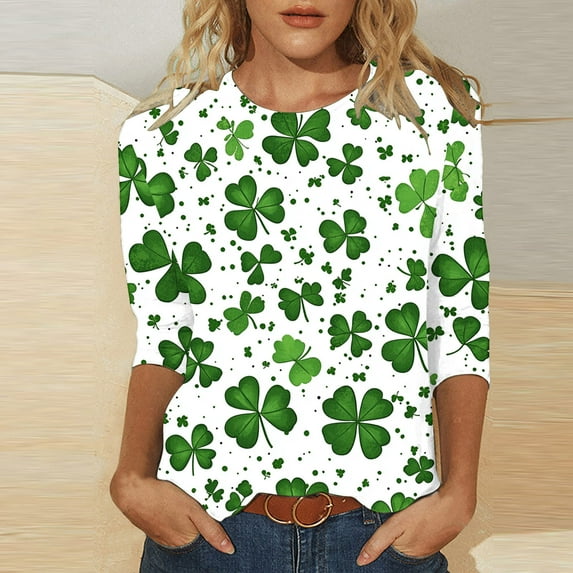 POTETI St. Patricks Day Shirts Women Clover 3/4 Sleeve Crew Neck Shirt Tops