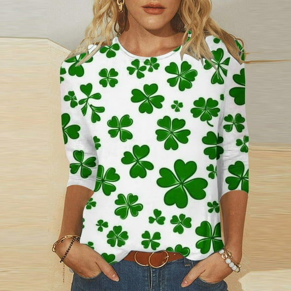 POTETI St. Patricks Day Shirts Women Clover 3/4 Sleeve Crew Neck Shirt Tops