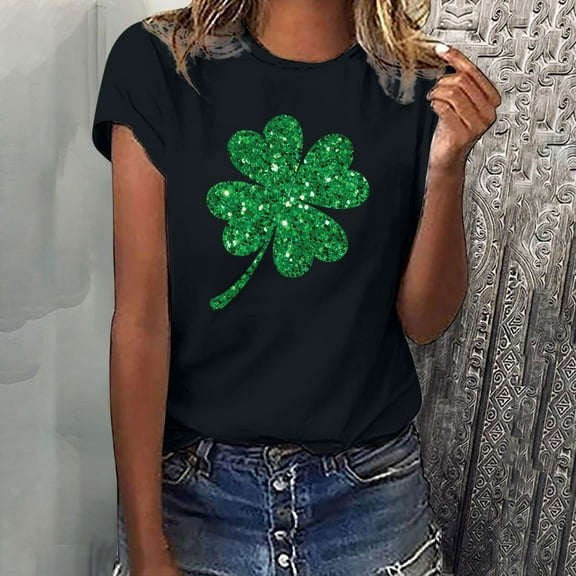 POTETI St. Patricks Day Shirts Women Clover Short Sleeve Crew Neck Shirt Tops