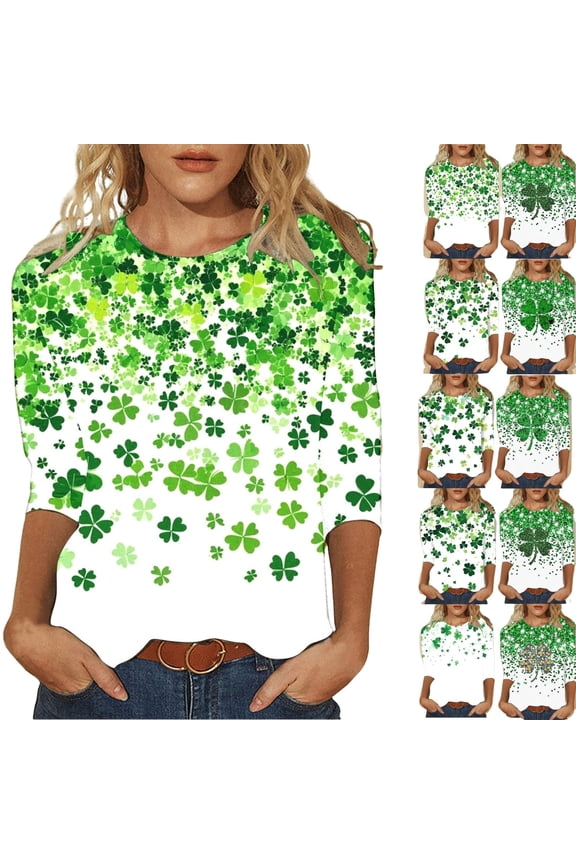 St Patricks Day Shirts Womens Clover 3/4 Sleeve Crew Neck Shirt Tops
