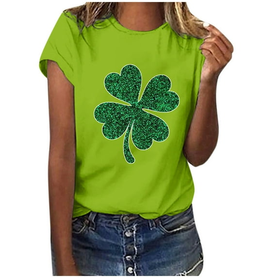 POTETI St Patricks Day Shirts Womens Clover Short Sleeve Crew Neck Shirt Tops